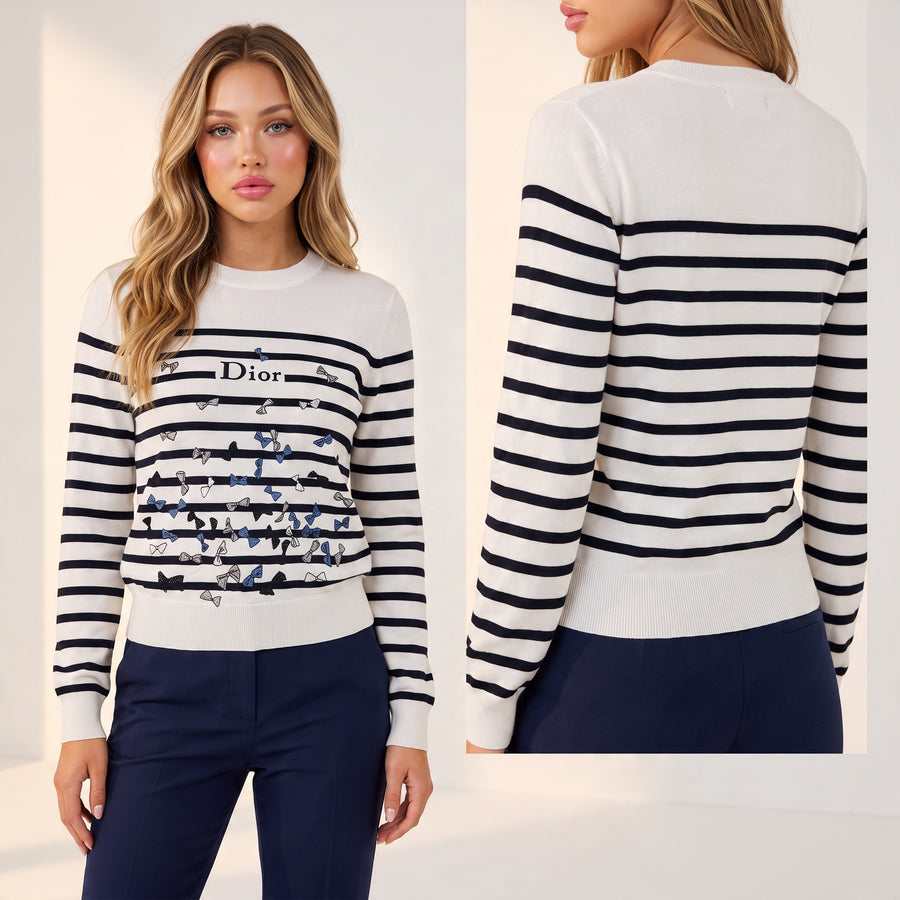 Dior Striped Bow Pullover – Navy White