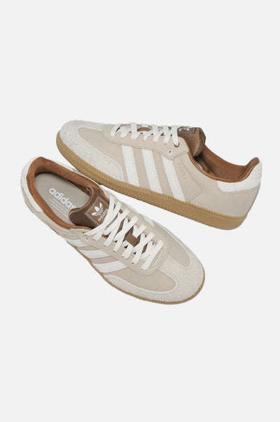 Adidas Samba low-top sneaker in chalk beige with off-white stripes and gum sole