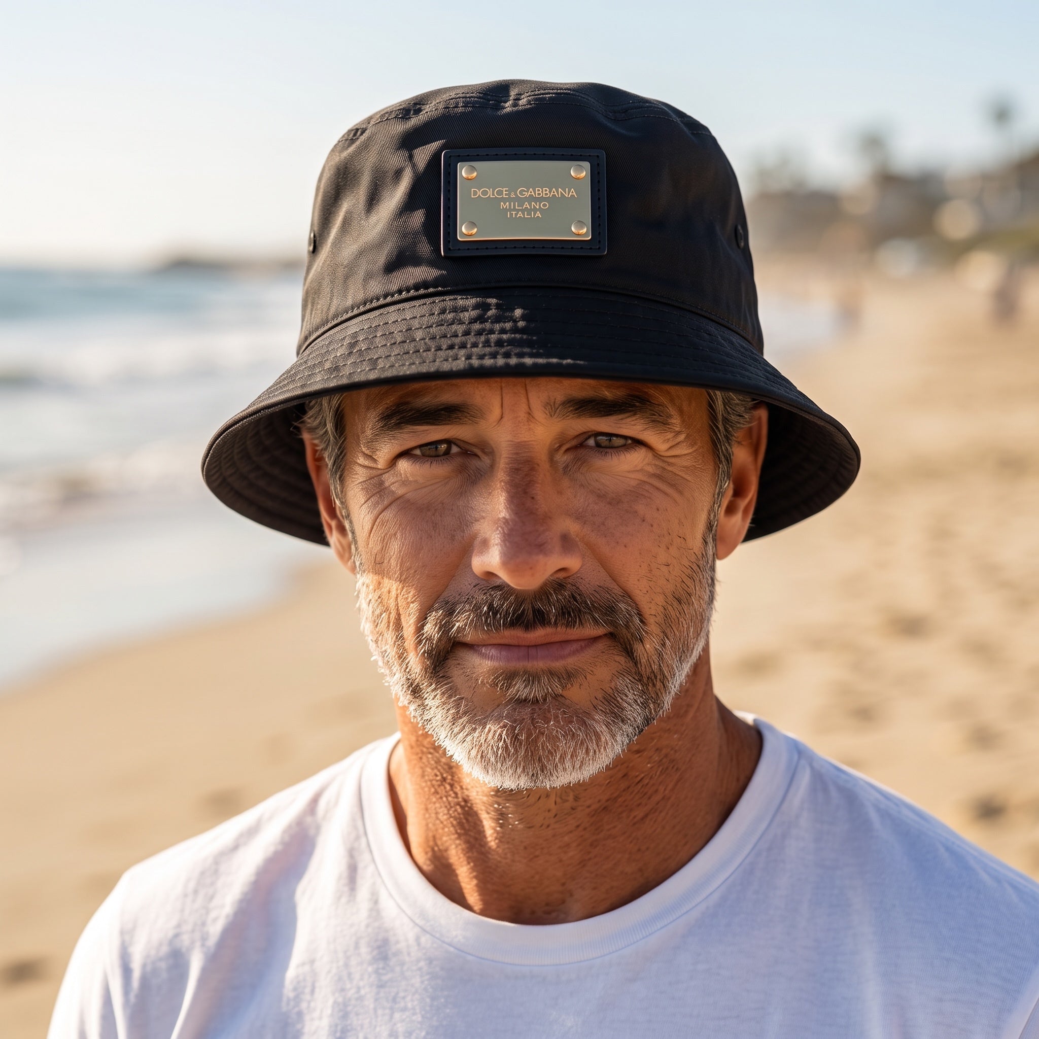 Black Dolce & Gabbana bucket hat with logo plate worn at the beach