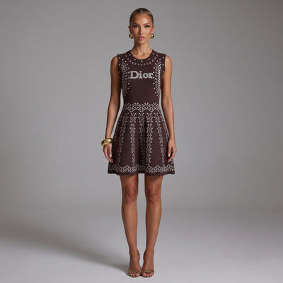 Sleeveless brown Dior knit dress with white bandana motif and logo
