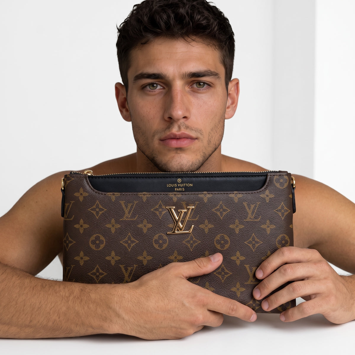 Louis Vuitton monogram clutch pouch with gold LV plaque and zip