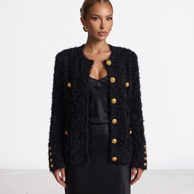 Balmain cropped black textured jacket with gold buttons
