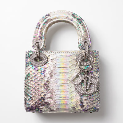 Mini Dior Lady top-handle bag in iridescent python with Dior logo charms