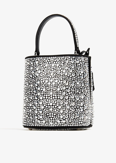 Prada black bucket bag covered in crystals with top handle and shoulder strap