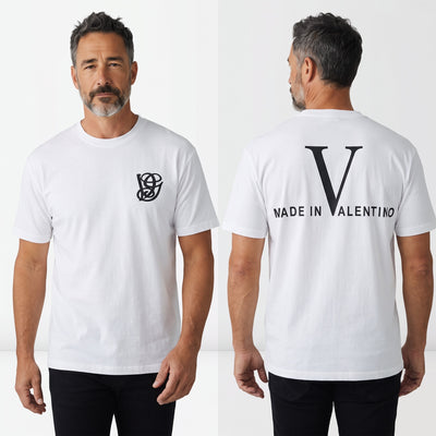 White Valentino T-shirt with small black chest monogram and large black V with MADE IN VALENTINO on back