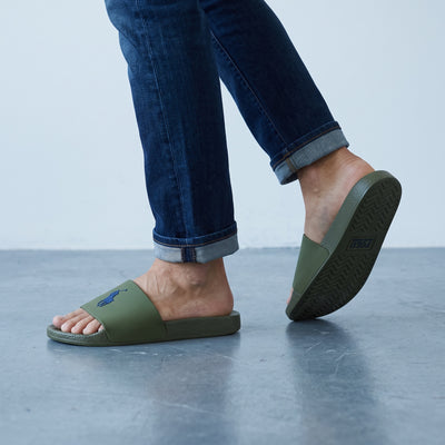 Olive green Polo Ralph Lauren slides with blue pony logo