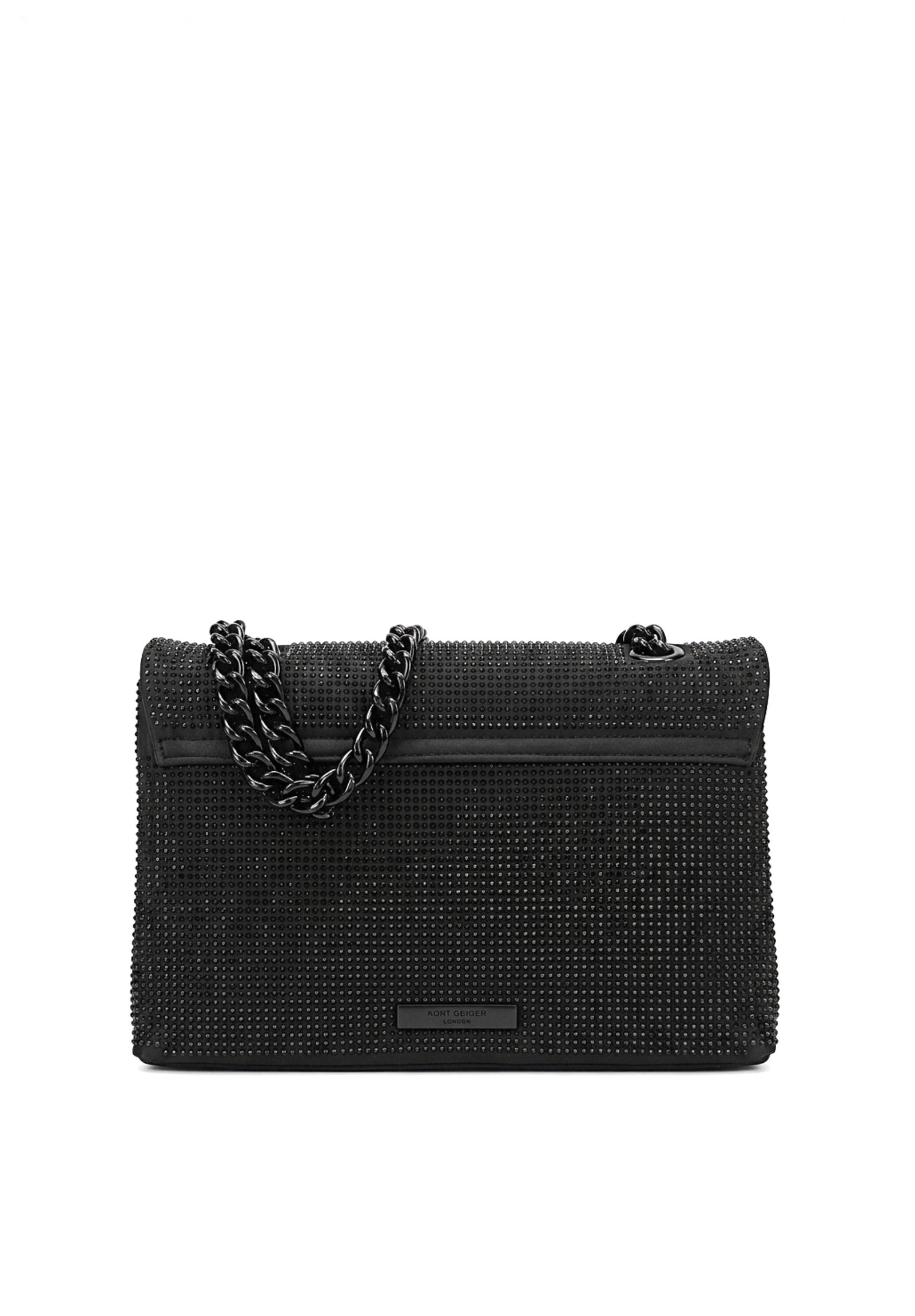 Black crystal-studded Kurt Geiger shoulder bag with dark metal chain handles and flap clasp