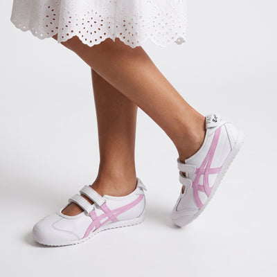 White Onitsuka Tiger trainers with pink side stripes and velcro straps