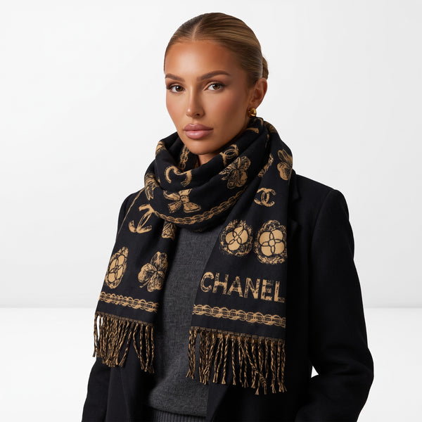 Chanel Scarf – Black & Gold Logo Fringe 🧣✨