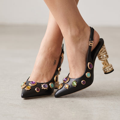 Black slingback pumps with multicolour jewel studs and ornate gold-tone sculptural heel
