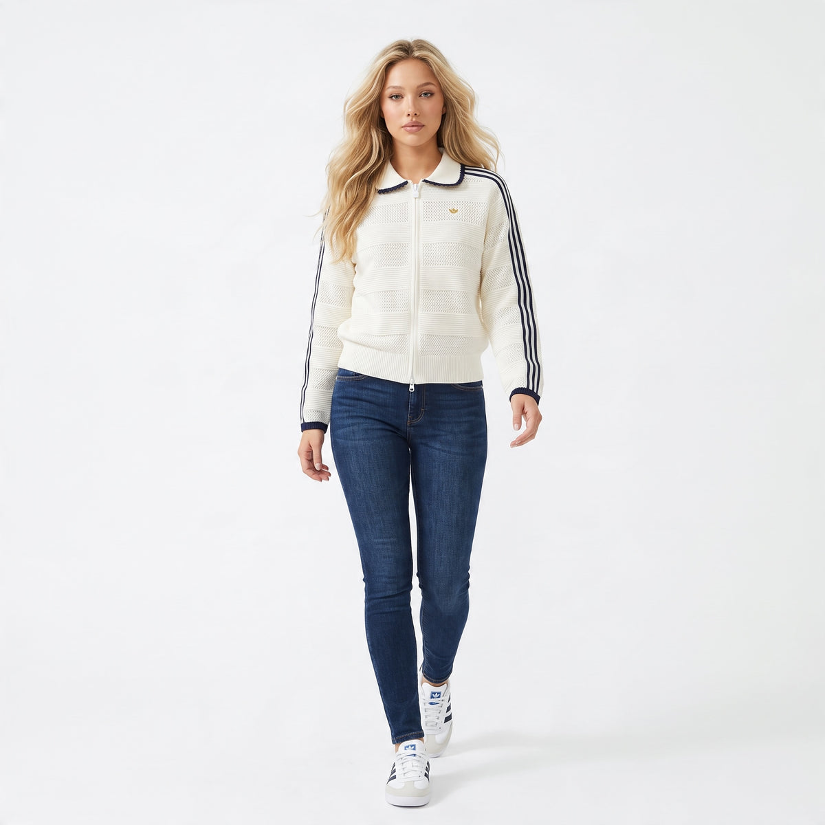 Cream Adidas knit zip track jacket with navy three stripes and scalloped trim