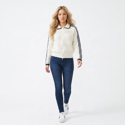 Cream Adidas knit zip track jacket with navy three stripes and scalloped trim