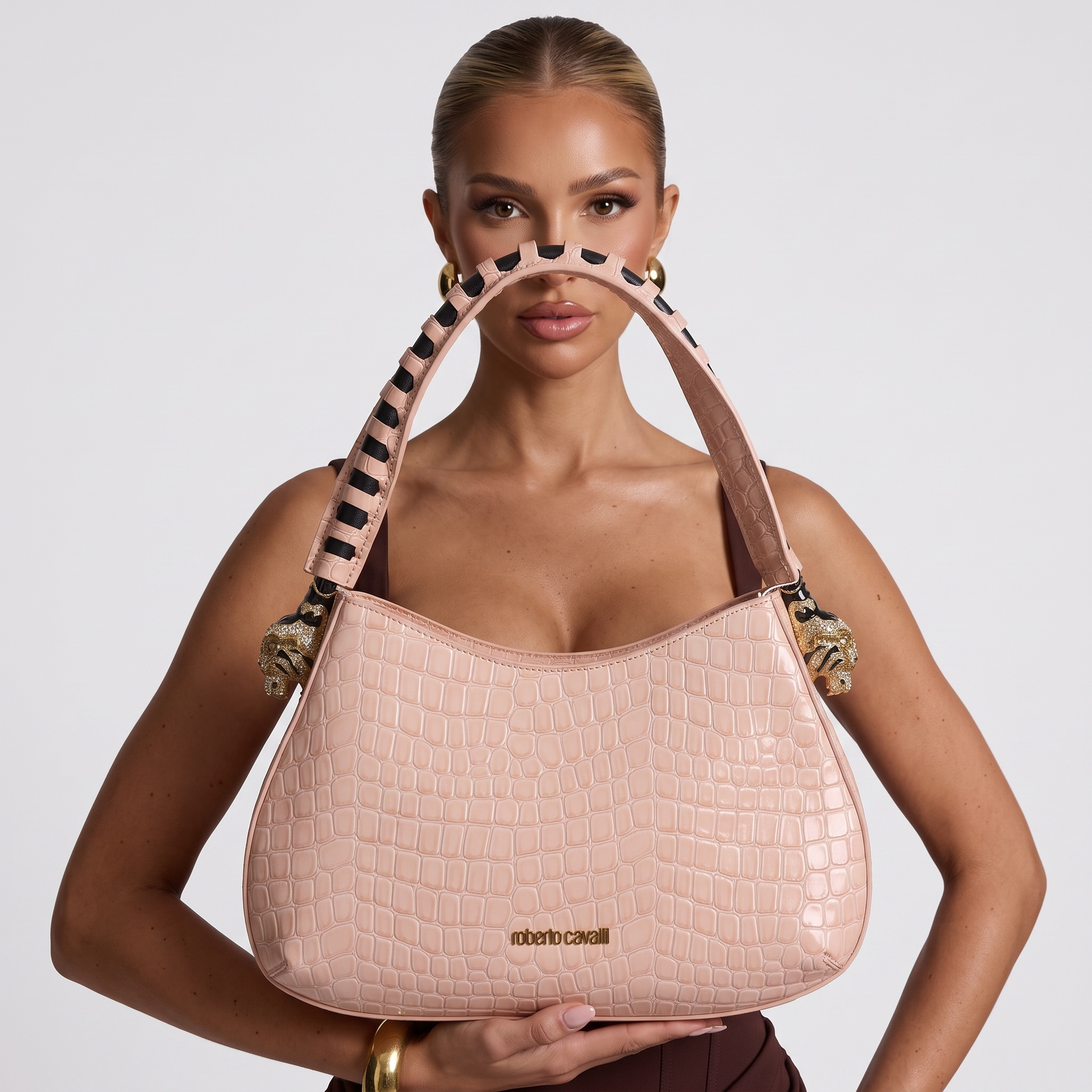 Roberto Cavalli Croc-Embossed Leather Hobo Shoulder Bag – Blush Pink
