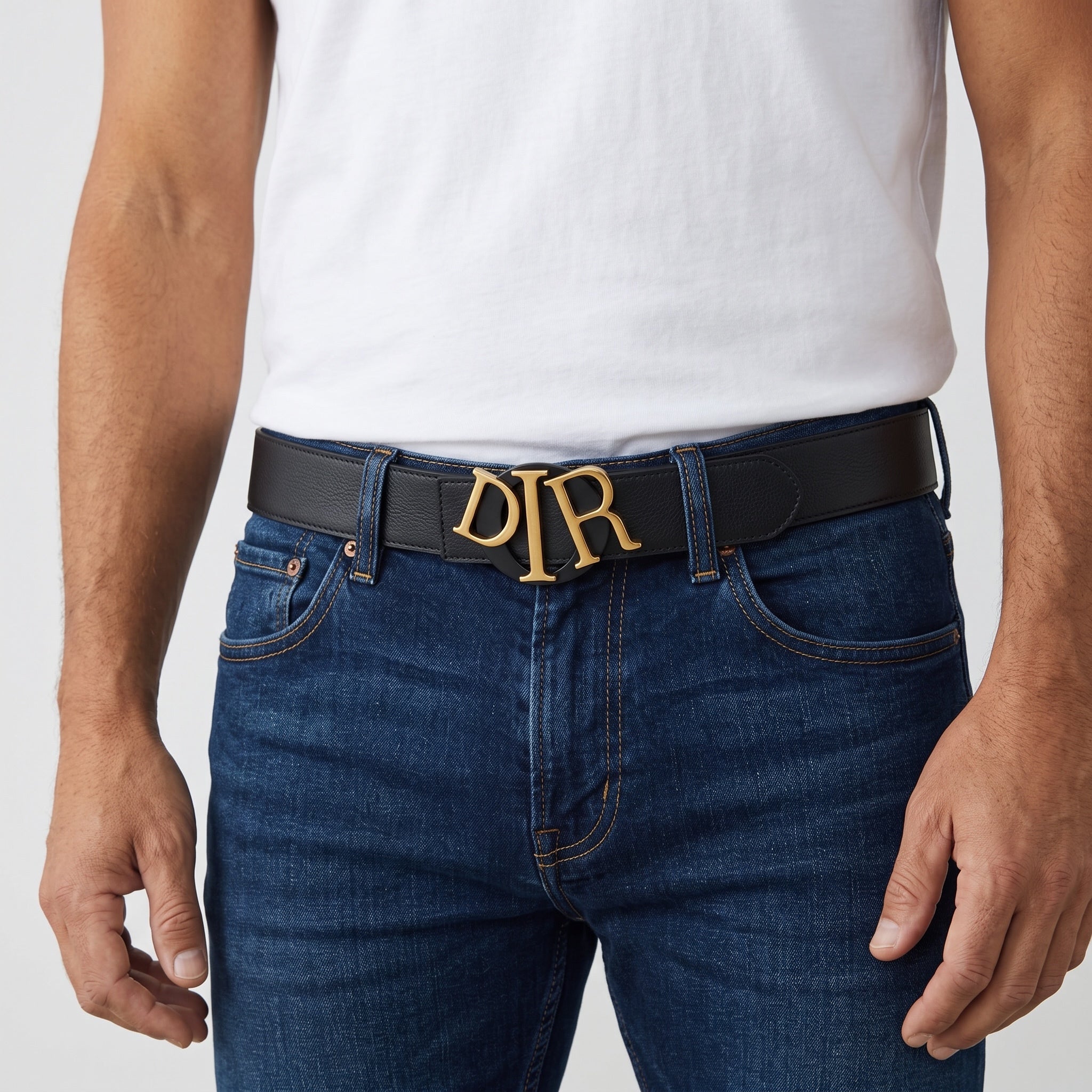 black leather belt with gold DR buckle worn with jeans