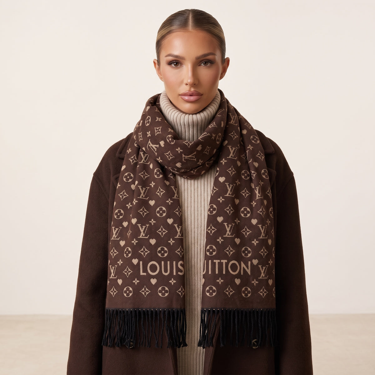 Brown Louis Vuitton monogram scarf with fringe wrapped around model