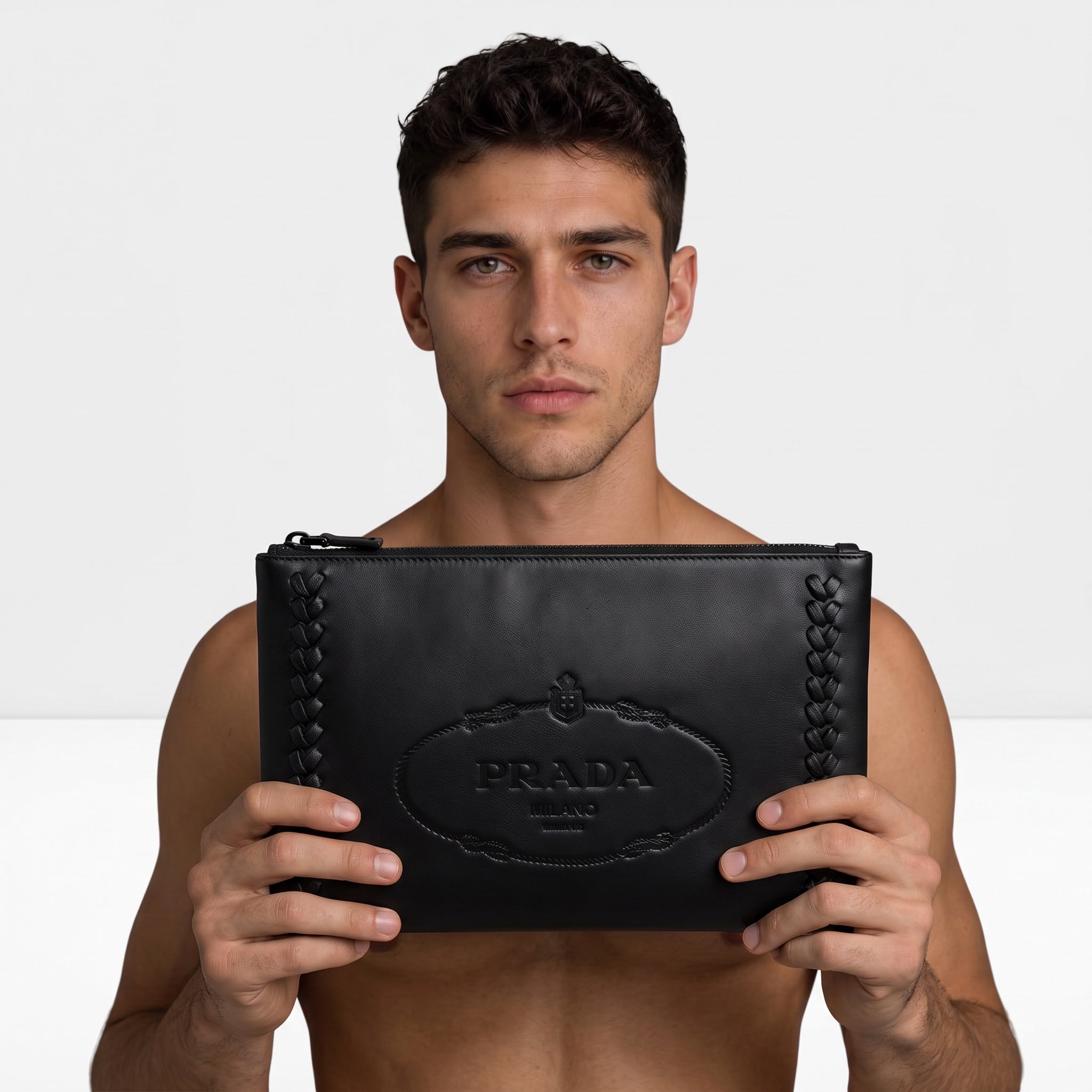 male model holding a black Prada embossed clutch pouch