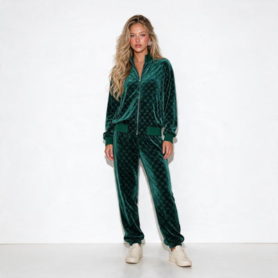 emerald green velour Gucci-style track jacket and matching pants with GG pattern