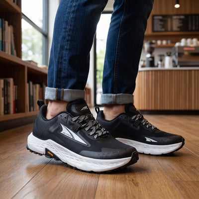 Altra black and white trail running shoes with Vibram outsole