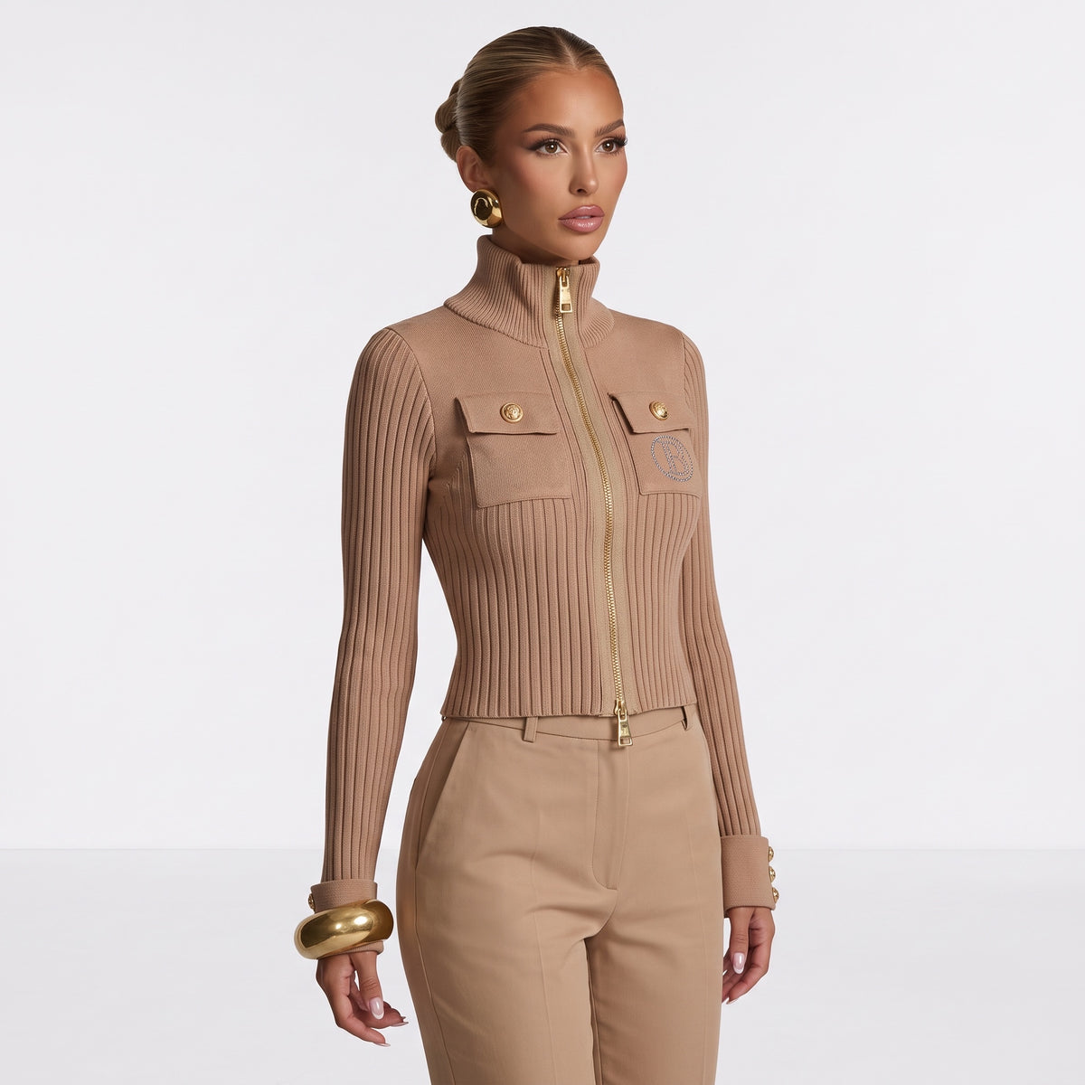 Balmain camel ribbed zip jacket with gold hardware and chest pockets