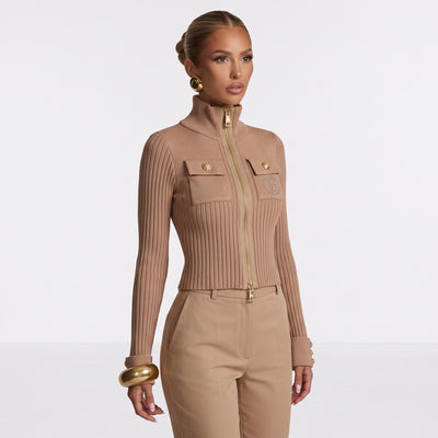 Balmain camel ribbed zip jacket with gold hardware and chest pockets
