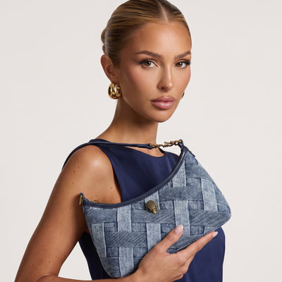 Kurt Geiger denim weave shoulder bag with navy trim and gold hardware