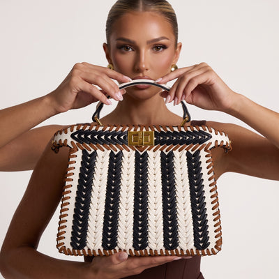 Fendi Peekaboo woven tricolor top-handle bag with gold turn-lock
