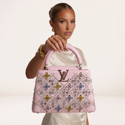 Pink Louis Vuitton Capucines Mini top-handle bag with crystal and sequin embellishments