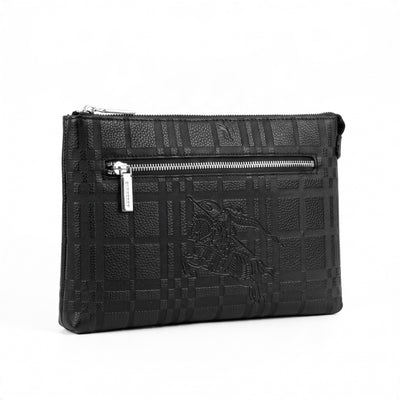 Black Burberry zip pouch with embossed check and front zip pocket