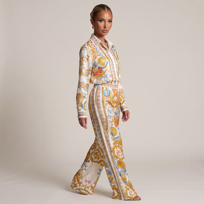 Versace cream printed button-up shirt with gold baroque seashell pattern