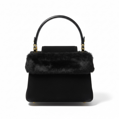 Black Top Handle Bag with Fur Trim and Gold LV Logo 🖤✨