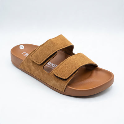 Birkenstock two-strap cognac suede sandals with soft footbed