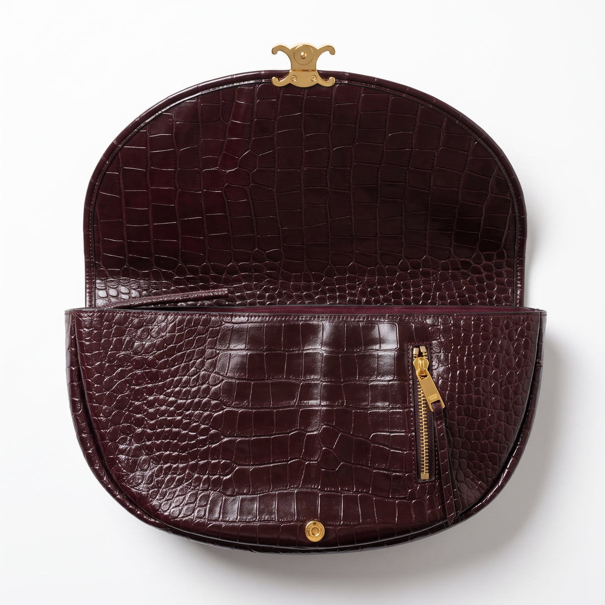 Celine Triomphe croc-embossed burgundy shoulder bag with gold clasp