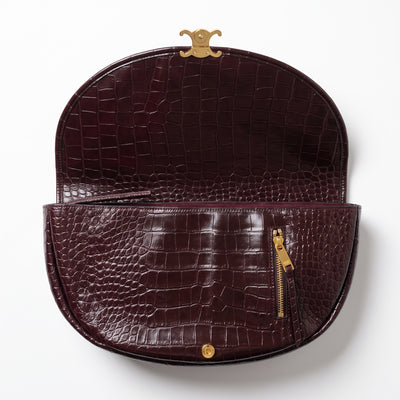 Celine Triomphe croc-embossed burgundy shoulder bag with gold clasp