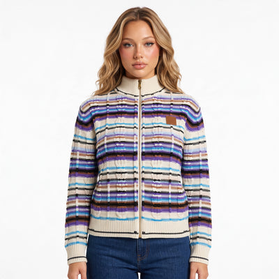 Multicolor striped zip knit cardigan with ribbed collar and leather logo patch