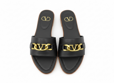 Valentino VLogo Black Slide Sandals 🖤✨ Gold Chain Edition