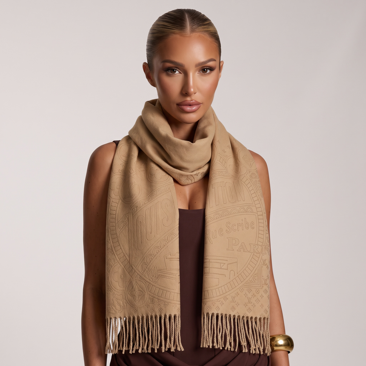 🤍✨ Louis Vuitton Light Beige Monogram Scarf – Soft Luxury Everyday Essential 🧣🔥