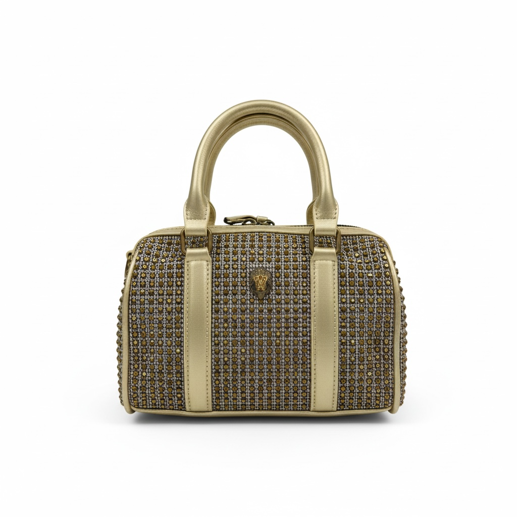 ✨ Kurt Geiger Gold Crystal Embellished Boston Bag – Luxury Top Handle Handbag