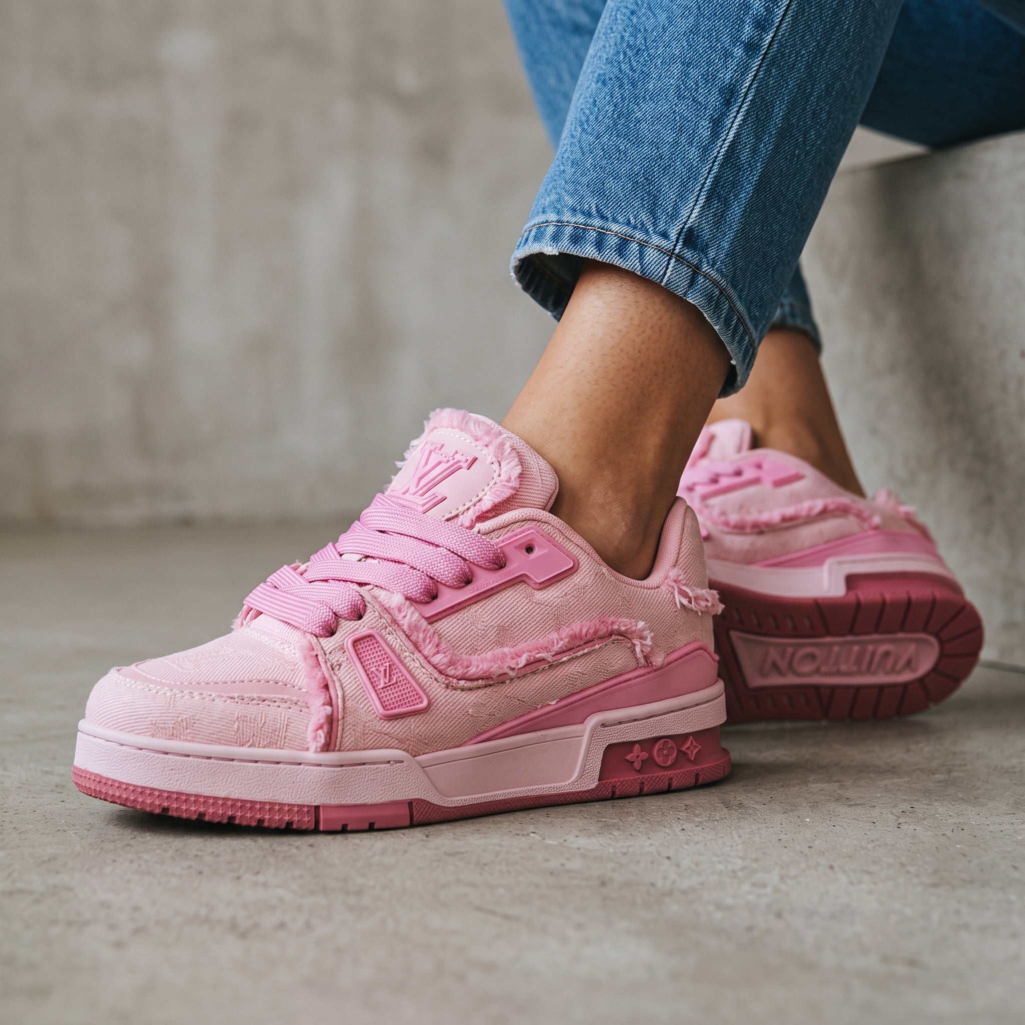pink Louis Vuitton low-top trainers with frayed trim and LV logo