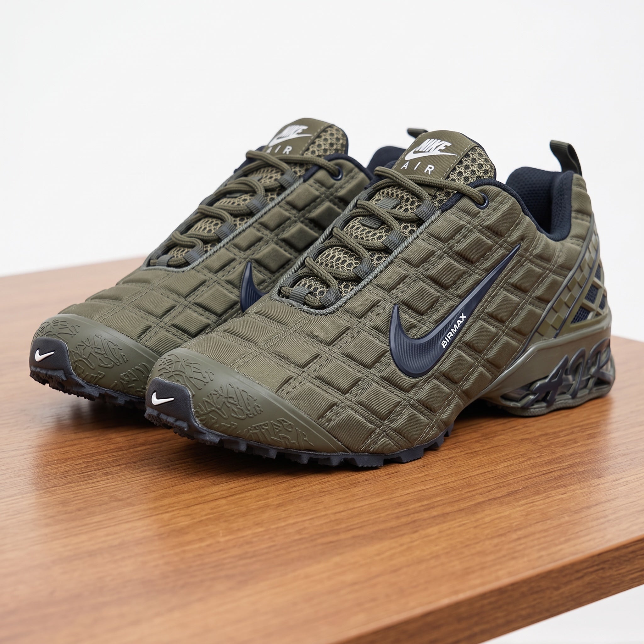olive green Nike AirMax-style sneakers with black swoosh