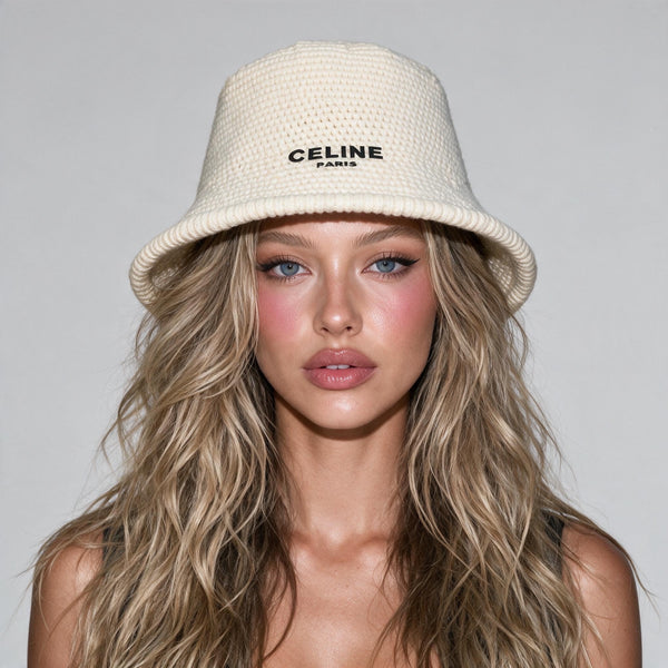 Celine Bucket Hat – Cream Knit Paris Logo
