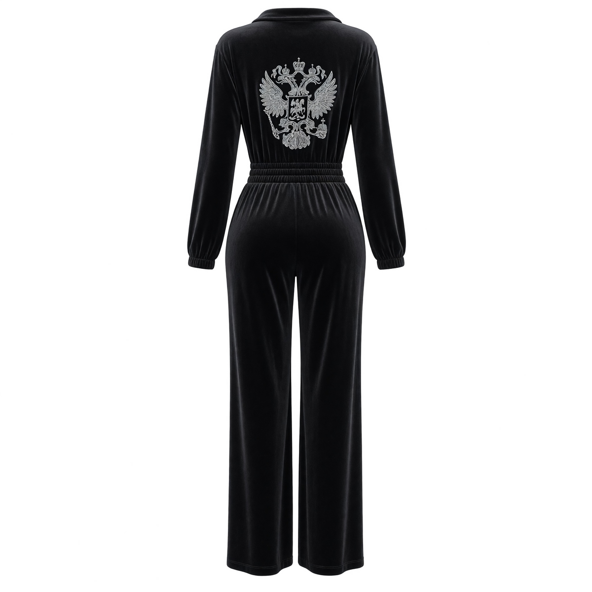 black velvet jumpsuit with half zip, elastic waist and embroidered crest on chest and back