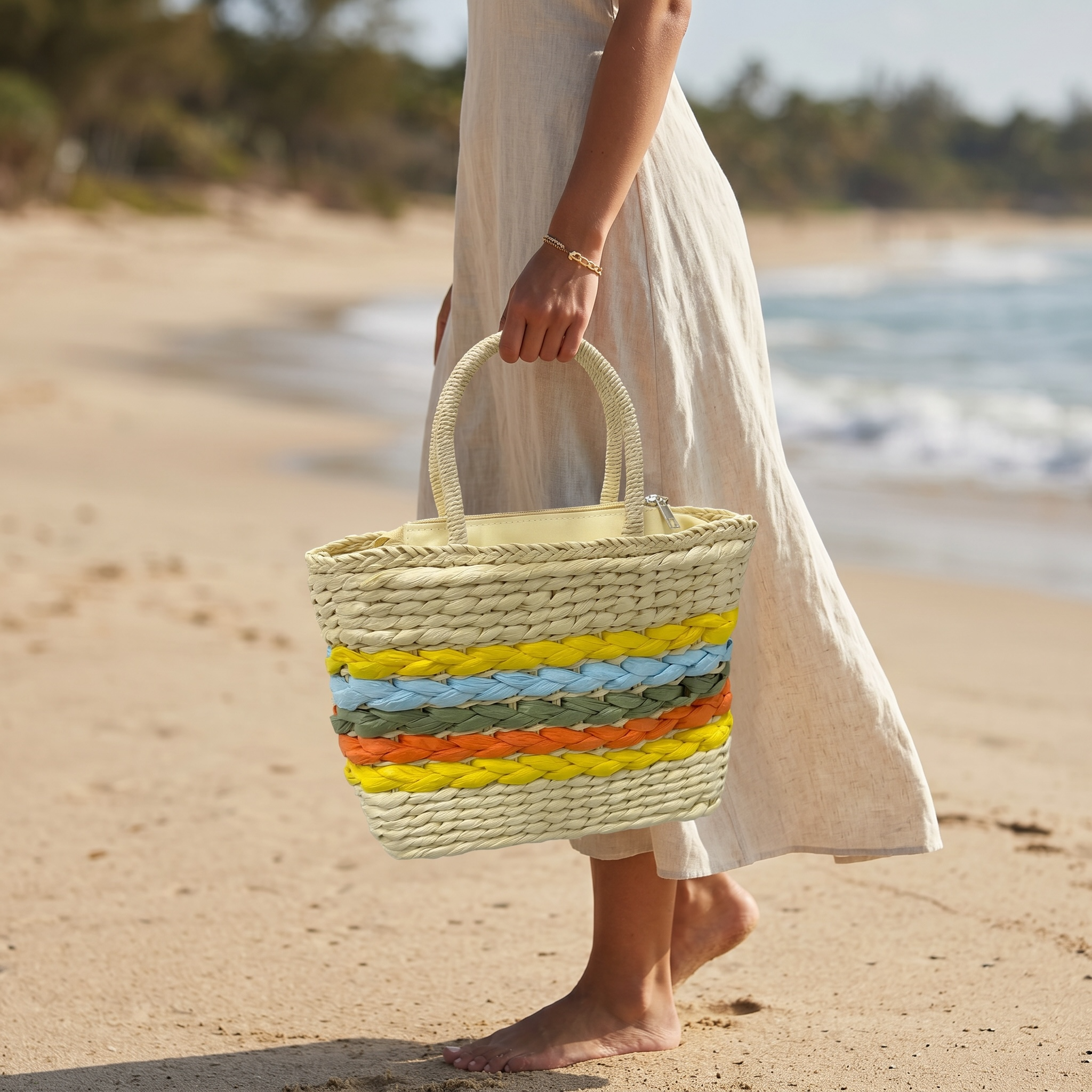 🌴 Coastal Stripe Woven Beach Tote Bag