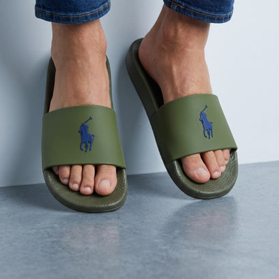 Olive green Polo Ralph Lauren slides with blue pony logo