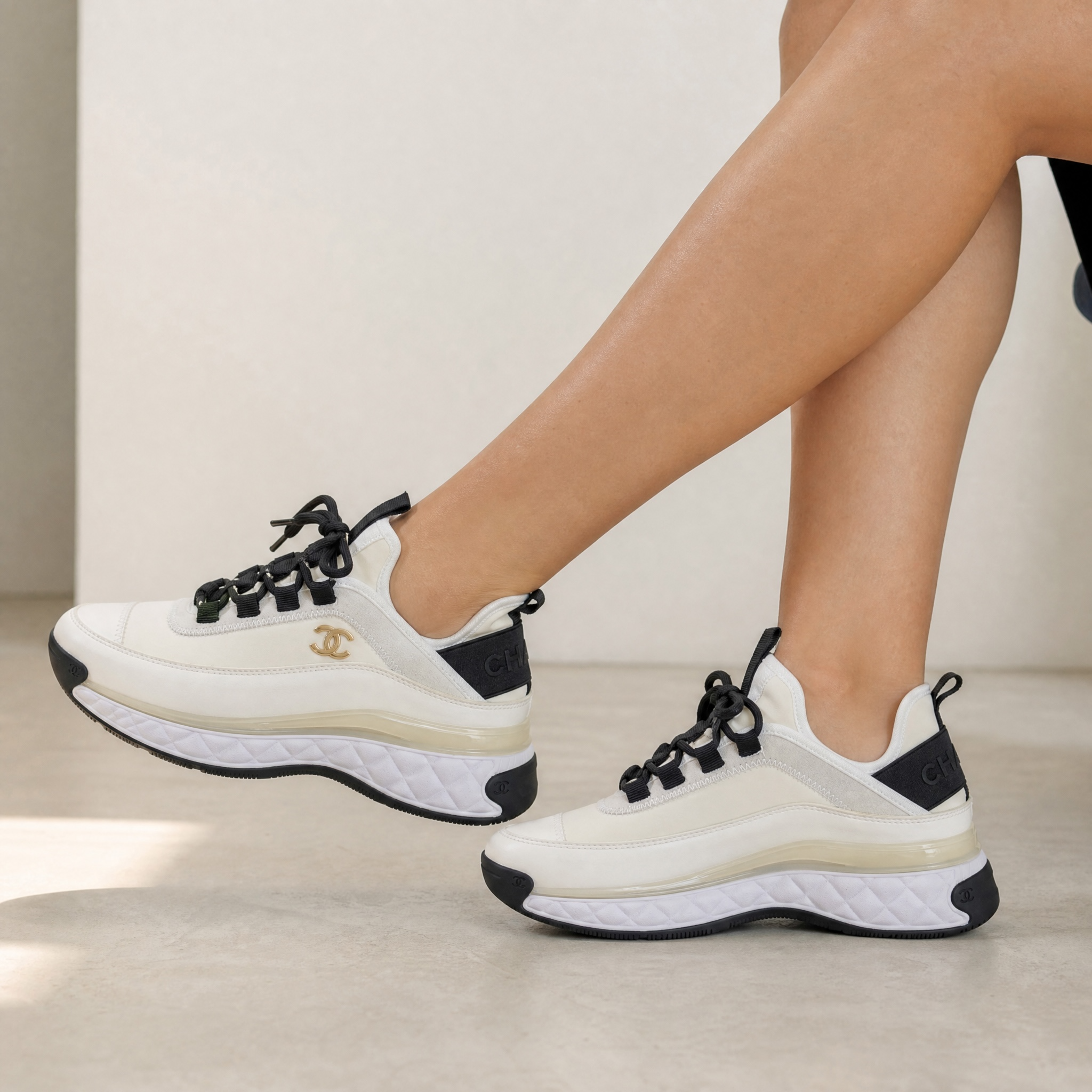 Chanel Quilted Runner Sneakers – Ivory Luxe Edition 🤍🖤