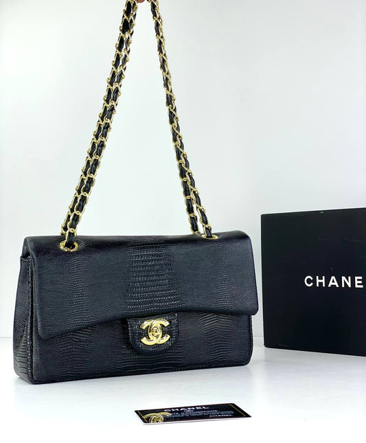 Chanel Black Lizard Leather Flap Bag with Gold Chain