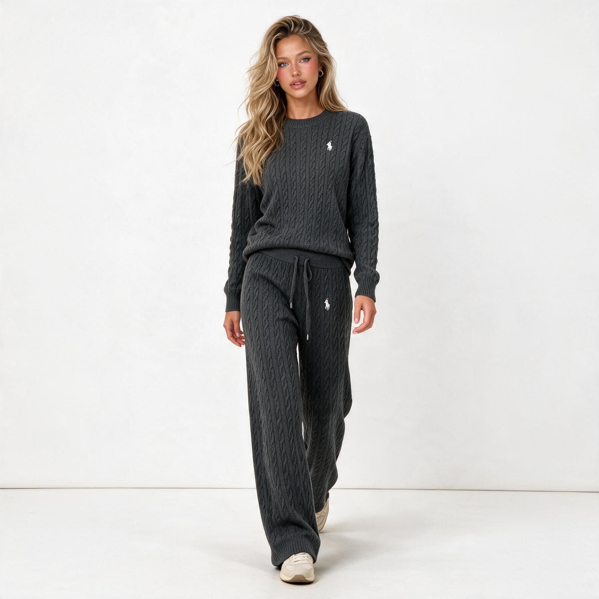 Charcoal cable knit sweater and matching drawstring pants set with Polo pony logo