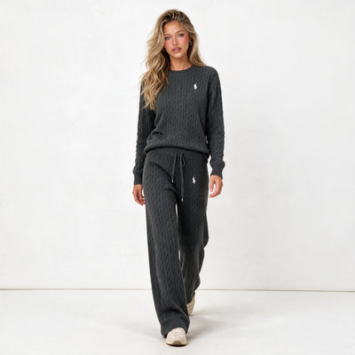 Charcoal cable knit sweater and matching drawstring pants set with Polo pony logo