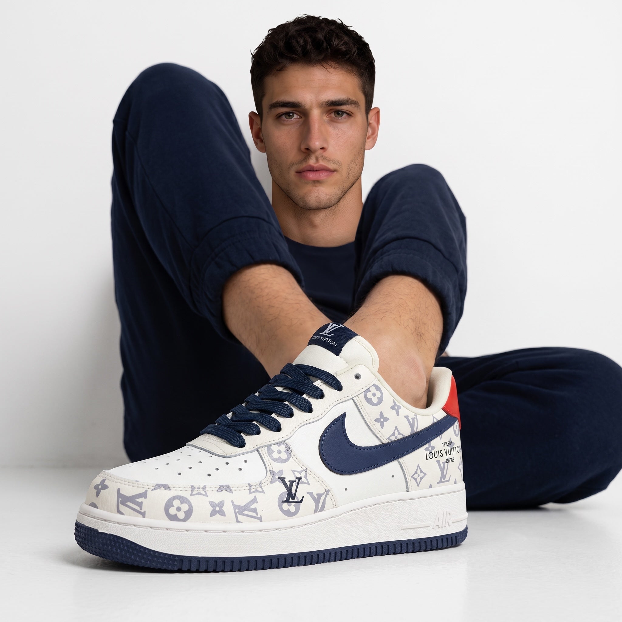 White Louis Vuitton low-top sneaker with navy accents and monogram print
