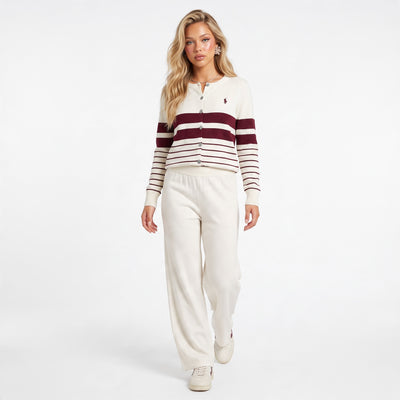 Ralph Lauren cream cardigan with burgundy stripes and embroidered pony logo