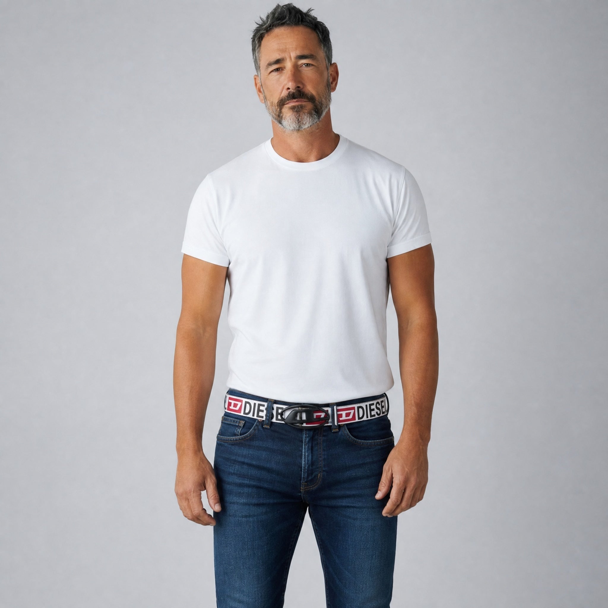 men's white crew neck t-shirt on model